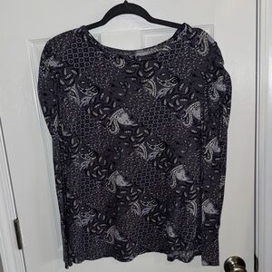 LOFT Gray and White Paisley Print Long Sleeve Top